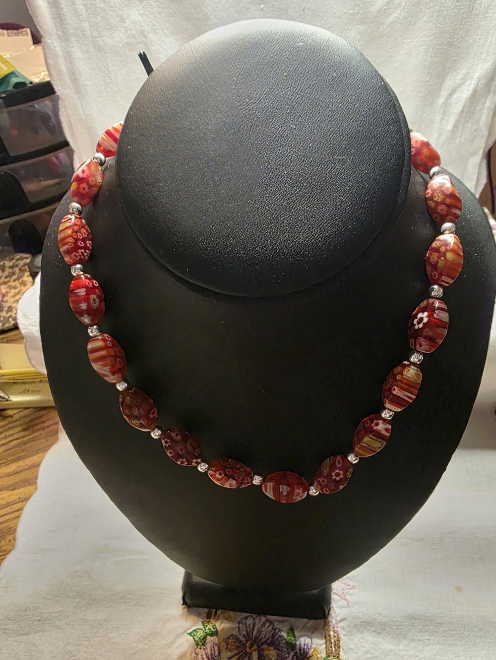 Beautiful Vintage Red Millefiori Glass Bead Necklace - Women Jewelry